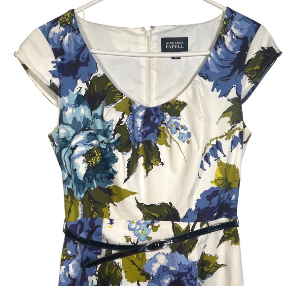 Adrianna Papell Dress Blue Floral Cotton Blend Belted Sheath Wedding Preppy Sz 6 - Picture 4 of 8